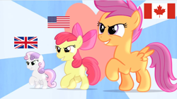 Size: 1144x646 | Tagged: safe, artist:simonstudio587, derpibooru import, edit, edited screencap, screencap, apple bloom, scootaloo, sweetie belle, earth pony, pegasus, pony, unicorn, flight to the finish, g4, american flag, canada, canadian flag, cutie mark crusaders, female, filly, flag, foal, hearts as strong as horses, horn, trio, union jack, united kingdom, united states