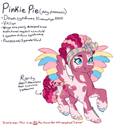 Size: 1556x1625 | Tagged: safe, artist:caffeinatedcarny, derpibooru import, pinkie pie, pinkie pie (g3), pegasus, pony, g3, afro mane, alternate cutie mark, alternate universe, cheek fluff, colored hooves, colored wings, cornrows, disabled, down syndrome, ear fluff, ears, elbow feathers, fat, feathered fetlocks, genderfluid, hair extensions, hair streaks, hair wrap, headcanon, hooves, lgbt, lgbt headcanon, lgbtq, multicolored hooves, multicolored wings, pegasus pinkie pie, pudgy pie, race swap, redesign, simple background, small wings, solo, species swap, tooth gap, vitiligo, white background, wings