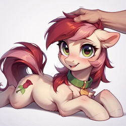 Size: 1024x1024 | Tagged: safe, ai content, derpibooru import, generator:pony diffusion v6 xl, generator:stable diffusion, machine learning generated, roseluck, human, pony, behaving like a cat, blush lines, blushing, collar, cute, dock, female, fluffy, hand, hand on head, human and pony, looking at you, lying down, mare, offscreen character, offscreen human, open mouth, open smile, pet tag, petting, pony pet, prompter:doom9454, prone, rosepet, smiling, smiling at you, solo focus, sploot, tail