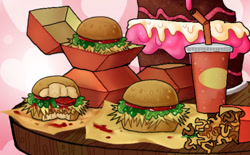 Size: 792x492 | Tagged: safe, artist:koidial, derpibooru import, abstract background, bite mark, burger, cake, chocolate cake, cup, detailed, food, french fries, hay burger, hay fries, heart, heart background, no pony, requested art, soda, wooden table, zoomed in