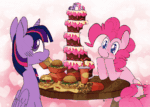 Size: 390x278 | Tagged: safe, alternate version, artist:koidial, derpibooru import, pinkie pie, twilight sparkle, twilight sparkle (alicorn), alicorn, earth pony, pony, g4, abstract background, alicorn metabolism, animated, animation error, bangs, bite mark, blue eyes, blue pupils, blushing, burger, cake, cake toppers, chewing, chocolate cake, colored, colored pinnae, colored pupils, cup, curly hair, curly mane, curly tail, cute, diapinkes, duo, duo female, ears, eating, eye clipping through hair, eyelashes, face licking, female, floating heart, floppy ears, folded wings, food, frame by frame, french fries, gif, glowing, glowing horn, hay burger, hay fries, head shake, heart, heart background, heart eyes, horn, in love, ketchup, lesbian, licking, looking at each other, looking at someone, loop, low quality, magic, mare, messy eating, messy face, multicolored mane, mustard, nose wrinkle, open mouth, open smile, partially open wings, pink coat, pink magic, pink mane, pink tail, profile, purple coat, purple eyes, purple pupils, requested art, sauce, shiny eyes, shipping, signature, sitting, smiling, smiling at each other, soda, sparkly eyes, swallowing, tail, tail wag, tall ears, telekinesis, that pony sure does love burgers, this will end in weight gain, three toned mane, throat bulge, tongue, tongue out, tri-color mane, tri-colored mane, tricolor mane, twiabetes, twilight burgkle, twinkie, unicorn horn, wall of tags, wingding eyes, wings, wooden table
