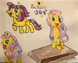 Size: 3647x2948 | Tagged: safe, anonymous artist, earth pony, bandaid, blue eyes, collage, crayon drawing, cute, cutie mark, doll, female, filly, flower, flower in hair, foal, font, heart, irl, jewelry, maggie joy, marker drawing, memorial, memory, multicolored hair, multicolored mane, name, not an oc, pen drawing, pencil drawing, photo, ponytail, rest in peace, simple background, smiling, sparkly mane, standing, tiara, toy, traditional art
