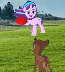 Size: 1228x1350 | Tagged: safe, derpibooru import, screencap, starlight glimmer, deer, pony, unicorn, g4, bambi, crossover, disney, frisbee, horn, realistic background, solo