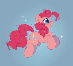 Size: 2200x2000 | Tagged: safe, artist:mirtash, derpibooru import, pinkie pie, earth pony, pony, g4, blue background, chest fluff, cute, diapinkes, ear fluff, ears, female, freckles, happy, high res, jumping, mare, open mouth, open smile, profile, side view, simple background, smiling, solo, sparkles, tail