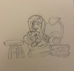 Size: 2775x2639 | Tagged: safe, artist:supersonicrainboom, derpibooru import, fluttershy, pegasus, pony, g4, atg 2024, chair, cup, female, holding, monochrome, newbie artist training grounds, sitting, sketch, smiling, solo, teacup, traditional art