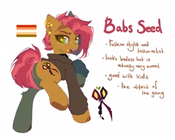 Size: 2717x2174 | Tagged: safe, artist:mirtash, derpibooru import, part of a set, babs seed, earth pony, pony, g4, alternate cutie mark, alternate design, big eyes, black hoodie, brown coat, brown hooves, brown pupils, butch, butch lesbian, butch lesbian pride flag, cheek fluff, clothes, collar, colored, colored hooves, colored pupils, colored underhoof, ear fluff, ear piercing, earring, ears, eyebrow slit, eyebrows, female, freckles, gauges, green eyes, high res, hoodie, industrial piercing, jewelry, leg fluff, lidded eyes, lip piercing, looking away, looking back, mare, narrowed eyes, older, older babs seed, open mouth, open smile, piercing, pride, pride flag, raised hoof, raised leg, rear view, red mane, red tail, red text, redesign, shiny eyes, short mane, short tail, simple background, smiling, snake bites, solo, spiked collar, standing, starry eyes, tail, teeth, text, thick eyelashes, tongue, tongue out, two toned mane, two toned tail, underhoof, white background, wingding eyes