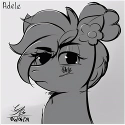 Size: 2680x2680 | Tagged: safe, artist:ch0c0sauri0, derpibooru import, oc, oc only, earth pony, pony, album cover, black and white, bow, bust, doodle, eyelashes, eyeshadow, grayscale, hair bow, lineart, makeup, minimalist, monochrome, original art, original character do not steal, portrait, simple background, sketch, solo, song reference, wip