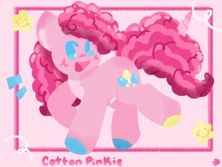 Size: 1200x900 | Tagged: safe, artist:comicmaker, derpibooru import, pinkie pie, earth pony, pony, g4, blush scribble, blushing, cloven hooves, colored hooves, cotton candy, cotton candy hair, dot eyes, female, hooves, mare, multicolored hooves, one eye closed, open mouth, open smile, smiling, solo, tail, wink