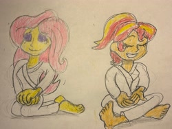 Size: 5712x4284 | Tagged: safe, derpibooru import, fluttershy, sunset shimmer, equestria girls, g4, clothes, duo, duo female, feet, female, gi, karate, meditation, traditional art