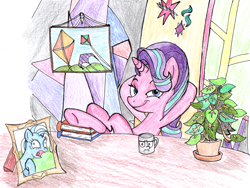 Size: 1626x1226 | Tagged: safe, artist:fleximusprime, derpibooru import, phyllis, starlight glimmer, trixie, pony, unicorn, g4, :i, atg 2024, book, crossed legs, female, hooves behind head, horn, i mean i see, kite, mare, mug, newbie artist training grounds, picture frame, plant, potted plant, sitting, smiling, smirk, smug, smuglight glimmer, that pony sure does love kites, traditional art, welcome home twilight