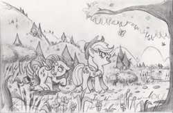 Size: 2000x1308 | Tagged: safe, artist:nedemai, derpibooru import, applejack, rarity, butterfly, earth pony, pony, unicorn, g4, atg 2024, duo, duo female, ears, female, floppy ears, grayscale, gritted teeth, horn, lake, looking up, mare, monochrome, mud, muddy hooves, nature, newbie artist training grounds, open mouth, open smile, pencil drawing, smiling, teeth, traditional art, tree, water