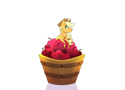 Size: 3500x2525 | Tagged: safe, artist:angstyram, derpibooru import, applejack, earth pony, pony, g4, apple, bucket, female, food, high res, mare, simple background, solo, white background