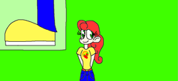 Size: 1157x529 | Tagged: safe, artist:devon13168, derpibooru import, strawberry sunrise, human, 1000 hours in ms paint, clothes, green background, humanized, shoes, simple background, solo, standing