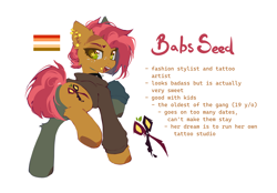 Size: 3258x2268 | Tagged: safe, artist:mirtash, derpibooru import, part of a set, babs seed, earth pony, pony, g4, alternate cutie mark, alternate design, big eyes, black hoodie, brown coat, brown hooves, brown pupils, butch, butch lesbian, butch lesbian pride flag, cheek fluff, clothes, collar, colored, colored hooves, colored pupils, colored underhoof, ear fluff, ear piercing, earring, ears, eyebrow slit, eyebrows, female, freckles, gauges, green eyes, high res, hoodie, hooves, industrial piercing, jewelry, leg fluff, lidded eyes, lip piercing, looking away, looking back, mare, narrowed eyes, older, older babs seed, open mouth, open smile, orange text, piercing, pride, pride flag, raised hoof, raised leg, rear view, red mane, red tail, red text, redesign, shiny eyes, short mane, short tail, simple background, smiling, snake bites, solo, spiked collar, standing, starry eyes, tail, teeth, text, thick eyelashes, time skip, tongue, tongue out, two toned mane, two toned tail, underhoof, white background, wingding eyes