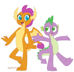 Size: 827x796 | Tagged: safe, artist:furseiseki, derpibooru import, smolder, spike, dragon, g4, digital art, dragon wings, dragoness, duo, duo male and female, female, looking at each other, looking at someone, male, older, older spike, simple background, smiling, smiling at each other, teenage spike, teenaged dragon, teenager, transparent background, wings