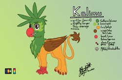Size: 6144x3998 | Tagged: safe, artist:summerium, derpibooru import, oc, oc only, oc:kalimu, griffon, hybrid, parrot, beak, claws, feather, gradient background, leonine tail, male, parrot griffon, reference sheet, solo, spanish, tail, talons, text, wings