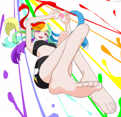 Size: 4570x4422 | Tagged: safe, artist:cz, derpibooru import, rainbow dash, human, absurd resolution, anime style, barefoot, eyebrows, eyebrows visible through hair, feet, female, heart, heart hands, legs, looking at you, looking down, looking down at you, open mouth, open smile, signature, simple background, smiling, smiling at you, solo, white background