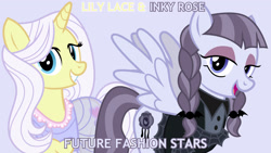 Size: 1920x1080 | Tagged: safe, artist:cheezedoodle96, derpibooru import, edit, editor:jaredking779, inky rose, lily lace, pegasus, pony, unicorn, g4, clothes, dress, duo, duo female, eyeshadow, female, goth, goth pony, horn, makeup, mare, purple background, see-through, simple background, spread wings, wings