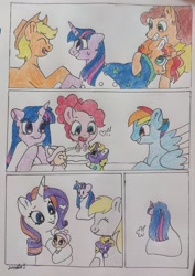 Size: 1080x1526 | Tagged: safe, artist:doodletheexpoodle, derpibooru import, applejack, cheese sandwich, derpy hooves, pinkie pie, rarity, sunburst, twilight sparkle, twilight sparkle (alicorn), oc, oc:daylight amethyst, oc:northern star, alicorn, earth pony, pegasus, pony, unicorn, g4, baby, baby pony, birthday cake, brother and sister, cake, cheesejack, colt, comic, female, filly, foal, food, holding a pony, horn, male, offspring, parent:sunburst, parent:twilight sparkle, parents:twiburst, shipping, siblings, straight, traditional art, twiburst