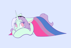 Size: 2048x1365 | Tagged: safe, artist:mscolorsplash, derpibooru import, oc, oc only, oc:mod chi, pony, unicorn, bisexual pride flag, blue background, female, horn, lying down, mare, ponysona, pride, pride flag, prone, simple background, solo