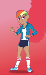 Size: 1125x1800 | Tagged: safe, artist:prixy05, derpibooru import, rainbow dash, human, g4, clothes, female, gradient background, human coloration, humanized, moderate dark skin, solo, tell your tale style