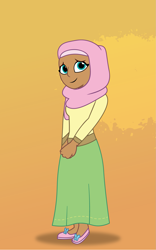 Size: 1125x1800 | Tagged: safe, artist:prixy05, derpibooru import, fluttershy, human, g4, clothes, female, gradient background, hijab, human coloration, humanized, islam, islamashy, moderate dark skin, religion, solo, tell your tale style