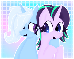 Size: 2548x2048 | Tagged: safe, derpibooru import, starlight glimmer, trixie, pony, unicorn, colorful, cute, duo, duo female, female, holding hooves, horn, lesbian, looking at each other, looking at someone, shipping, startrix
