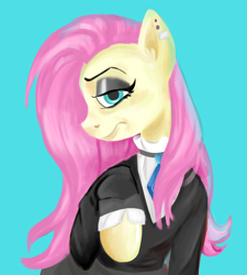 Size: 1800x2000 | Tagged: artist needed, safe, derpibooru import, fluttershy, pegasus, pony, semi-anthro, fake it 'til you make it, g4, breasts, clothes, delicious flat chest, ear piercing, eyebrows, female, flattershy, fluttergoth, goth, piercing, raised hoof, raised leg, simple background, small breasts, solo