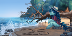 Size: 3000x1512 | Tagged: safe, artist:jedayskayvoker, derpibooru import, oc, oc only, pony, unicorn, beach, beard, birthday, clothes, facial hair, goatee, horn, lineless, long mane, long mane male, ocean, ponified, sand, scenery, shirt, sitting, solo, species swap, t-shirt, unicorn oc, unnamed oc, water, wave