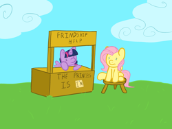 Size: 2048x1536 | Tagged: safe, artist:kiwiplur, derpibooru import, fluttershy, twilight sparkle, alicorn, pegasus, pony, charlie brown, cloud, duo, duo female, female, lucy's advice booth, mare, peanuts (comic), sitting, stool