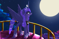 Size: 2400x1600 | Tagged: safe, artist:darksly, derpibooru import, princess luna, alicorn, pony, g4, alternate hairstyle, atg 2024, balcony, crown, ethereal mane, ethereal tail, female, full moon, hoof shoes, jewelry, mare, moon, newbie artist training grounds, night, night sky, peytral, regalia, sky, solo, sparkly mane, sparkly tail, spread wings, standing, tail, tiara, wings