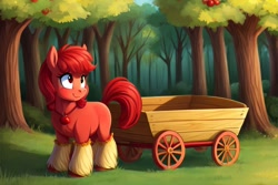 Size: 768x512 | Tagged: safe, ai content, derpibooru import, generator:stable diffusion, machine learning generated, oc, oc only, earth pony, apple, apple tree, cart, cute, foal, forest, jewelry, nature, necklace, prompter:chillyhooves, solo, tree, unshorn fetlocks