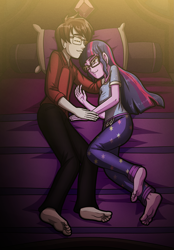 Size: 2103x3018 | Tagged: safe, artist:artemis-polara, derpibooru import, sci-twi, twilight sparkle, oc, oc:star clad, human, equestria girls, g4, barefoot, bed, canon x oc, clothes, commission, couple, duo, duo male and female, feet, female, glasses, male, pants, pillow, shirt, sleeping, soles