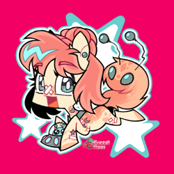 Size: 1300x1300 | Tagged: safe, artist:cherry_tree, derpibooru import, oc, alien, alien pony, pony, chibi, cute, female, full body, happy, pink background, simple background, solo, stars, toy