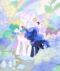 Size: 2384x2830 | Tagged: safe, artist:ruto_me, derpibooru import, princess celestia, princess luna, spike, alicorn, dragon, pony, baby, baby dragon, baby spike, cute, cutelestia, female, lunabetes, male, rain, spikabetes, trio, younger