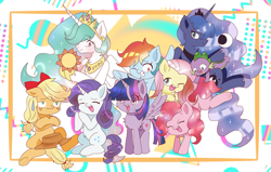 Size: 6495x4134 | Tagged: safe, artist:ruto_me, derpibooru import, applejack, fluttershy, pinkie pie, princess celestia, princess luna, rainbow dash, rarity, spike, twilight sparkle, twilight sparkle (alicorn), alicorn, dragon, earth pony, pegasus, pony, unicorn, applejack is not amused, baby, baby dragon, bow, cute, cutelestia, dashabetes, diapinkes, female, hair bow, hat off, horn, jackabetes, lunabetes, male, mane seven, mane six, raribetes, shyabetes, spikabetes, sweat, sweatdrop, twiabetes, unamused