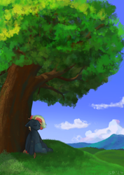 Size: 2480x3508 | Tagged: safe, artist:single purpose, derpibooru import, oc, oc only, oc:treading step, pegasus, cloud, eyes closed, field, grass, male, painting, smiling, solo, tree