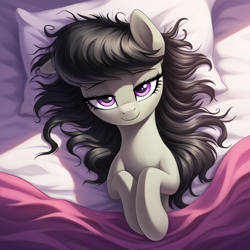 Size: 1024x1024 | Tagged: safe, ai content, derpibooru import, generator:pony diffusion v6 xl, generator:stable diffusion, machine learning generated, octavia melody, earth pony, pony, g4, bed, bed mane, bedsheets, cute, female, high angle, in bed, lidded eyes, looking at you, lying down, lying on bed, mare, messy mane, morning, morning ponies, on back, on bed, pillow, prompter:siber, smiling, smiling at you, solo, tavibetes, waking up