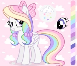 Size: 1423x1220 | Tagged: safe, artist:cstrawberrymilk, derpibooru import, oc, oc only, oc:rainbow heart, pegasus, pony, bow, color palette, female, folded wings, hair bow, lavender eyes, mare, pigtails, pink background, reference sheet, simple background, solo, wings