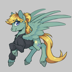Size: 1427x1427 | Tagged: safe, artist:flaming-trash-can, derpibooru import, oc, oc only, oc:sunny hymn, pegasus, pony, clothes, gray background, simple background, solo