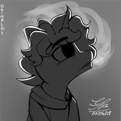 Size: 2784x2784 | Tagged: safe, artist:ch0c0sauri0, derpibooru import, oc, oc only, earth pony, pony, album cover, black and white, bow, bust, clothes, doodle, eyelashes, eyeshadow, grayscale, hair bow, lineart, makeup, male, minimalist, monochrome, original art, original character do not steal, portrait, scarf, simple background, sketch, smoking, solo, song reference, wip