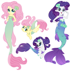 Size: 1980x1955 | Tagged: safe, artist:dazzle, derpibooru import, fluttershy, rarity, mermaid, seapony (g4), equestria girls, g4, accessory, bare shoulders, eyeshadow, fish tail, hairclip, makeup, mermaid tail, mermaidized, seashell, simple background, sleeveless, species swap, strapless, tail, transparent background