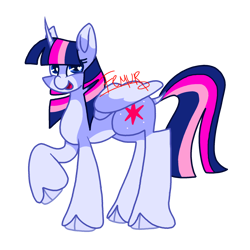 Size: 2048x2048 | Tagged: safe, artist:femurthechangeling, derpibooru import, twilight sparkle, twilight sparkle (alicorn), alicorn, pony, g4, chubby, chubby twilight, curved horn, cutie mark, female, folded wings, horn, open mouth, open smile, raised hoof, raised leg, redesign, simple background, smiling, solo, transparent background, unshorn fetlocks, wings