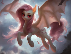 Size: 3072x2304 | Tagged: safe, ai content, derpibooru import, generator:pony diffusion v6 xl, generator:stable diffusion, machine learning generated, fluttershy, bat, bat pony, g4, bat ponified, flutterbat, flying, long hair, looking at you, moonlight, prompt in description, prompter:derp621, race swap, solo