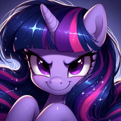 Size: 1024x1024 | Tagged: safe, ai content, derpibooru import, generator:dall-e 3, machine learning generated, twilight sparkle, unicorn twilight, unicorn, g4, female, gradient background, mare, prompter:doomguy397, pure unfiltered evil, smiling, solo