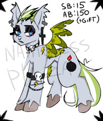 Size: 1700x2000 | Tagged: safe, artist:namelessplaza, derpibooru import, oc, oc only, pony, advertisement, bracelet, commission, ear piercing, eyeshadow, jewelry, lidded eyes, makeup, nose piercing, patchwork, piercing, septum piercing, solo, spread wings, stitches, tail, unshorn fetlocks, watermark, wings, your character here