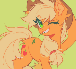 Size: 898x819 | Tagged: safe, artist:_simosha, derpibooru import, applejack, earth pony, pony, g4, applejack's hat, clothes, cowboy hat, eye clipping through hair, eyebrows, eyebrows visible through hair, female, fluffy, freckles, green background, hairband, hat, hoof on head, looking at you, mare, one eye closed, simple background, smiling, smiling at you, solo, straw in mouth, wink, winking at you