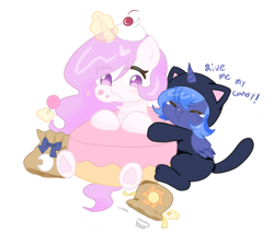 Size: 2048x1832 | Tagged: safe, artist:ruto_me, derpibooru import, princess celestia, princess luna, alicorn, pony, g4, animal costume, cat costume, cewestia, clothes, costume, duo, duo female, female, filly, foal, kigurumi, pink-mane celestia, simple background, white background, woona, younger