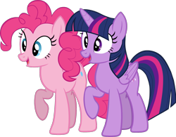 Size: 1876x1464 | Tagged: safe, artist:zslnews, derpibooru import, pinkie pie, twilight sparkle, twilight sparkle (alicorn), alicorn, earth pony, pony, g4, duo, duo female, female, folded wings, mare, open mouth, raised hoof, raised leg, simple background, transparent background, vector, wings