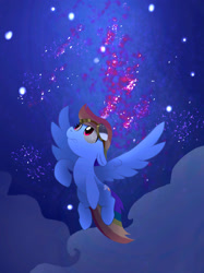 Size: 2048x2732 | Tagged: safe, artist:mandumustbasukanemen, derpibooru import, rainbow dash, pegasus, pony, g4, above clouds, female, flying, goggles, mare, night, solo, spread wings, stars, wings